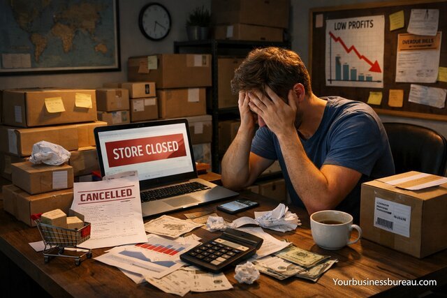 Man stressed over failed dropshipping store surrounded by financial chaos.
