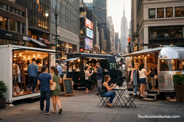 Urban pop-up and mobile shops in a big city street scene
