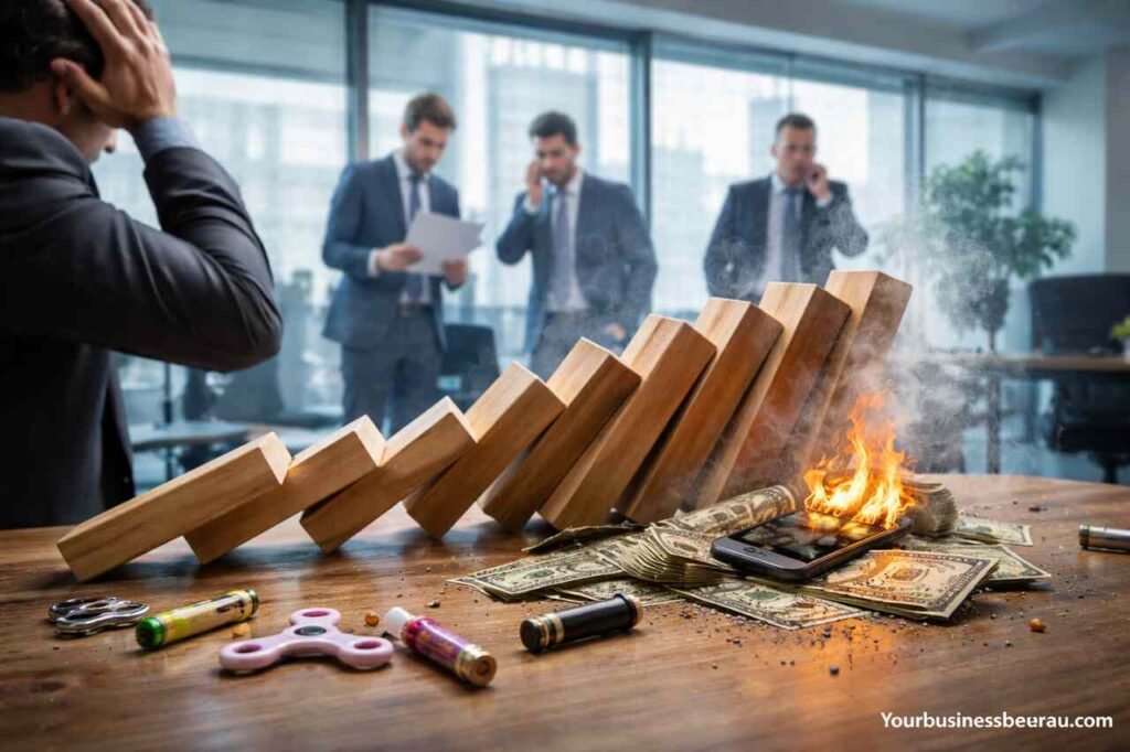 Dominoes toppling onto burning money and a smartphone in an office setting.