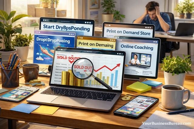 Cluttered workspace showing online business saturation with multiple screens and a stressed person in the background.