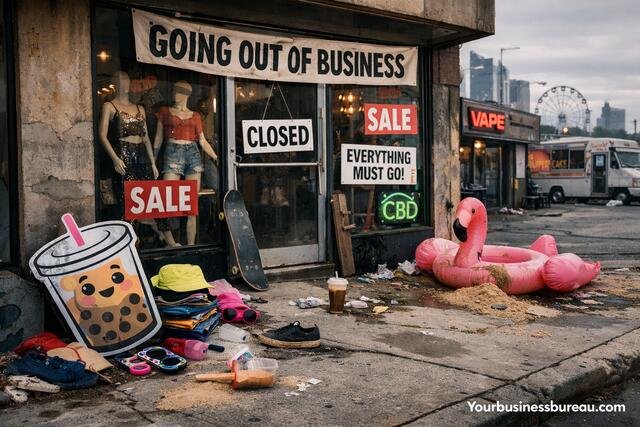 Closed trend-driven store with discarded merchandise and “Going Out of Business” sign.