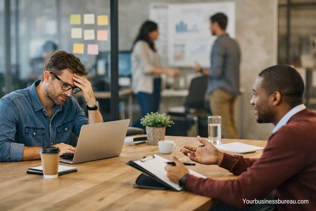 Startup founder stressed at desk while customer interview happens nearby.