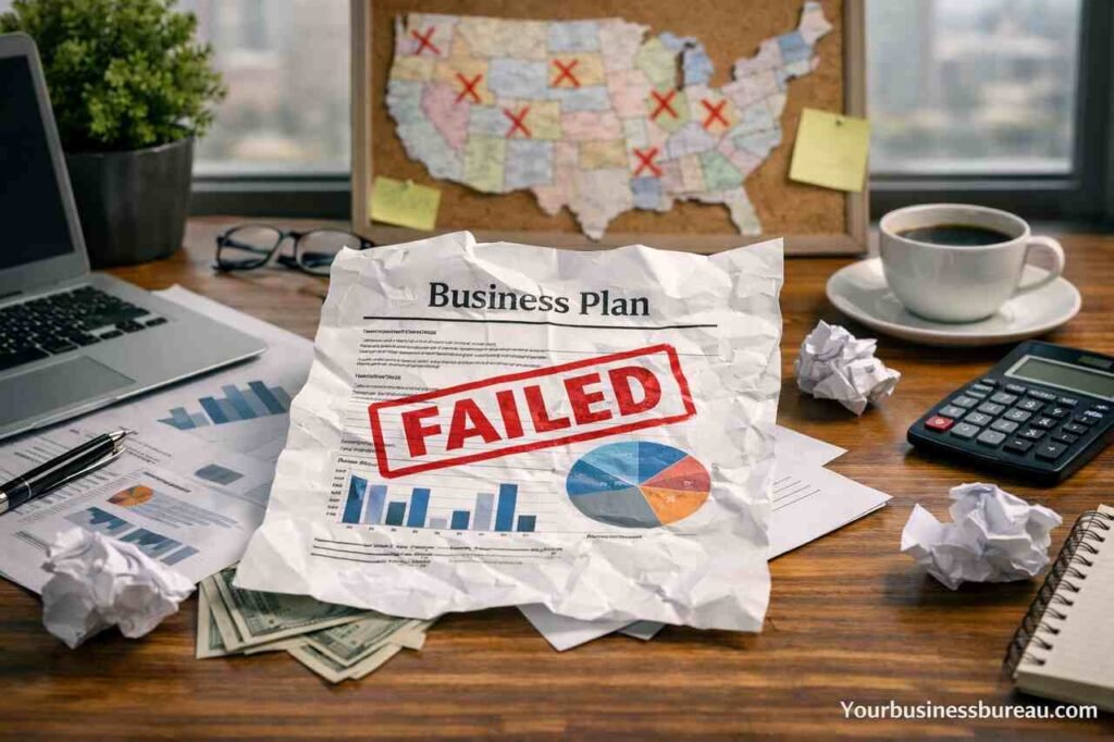Failed one-page business plan on desk with U.S. market map