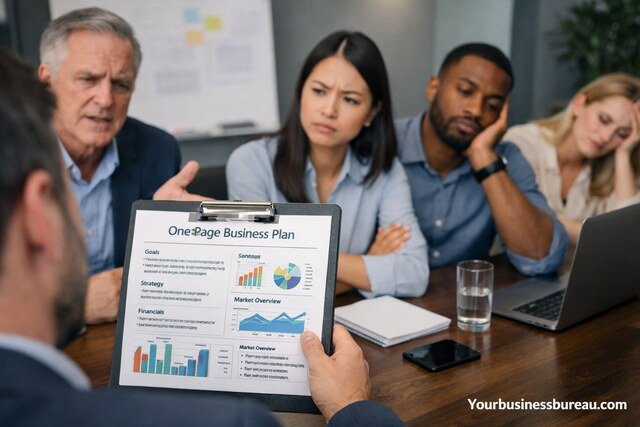 Team confused while reviewing a one-page business plan.