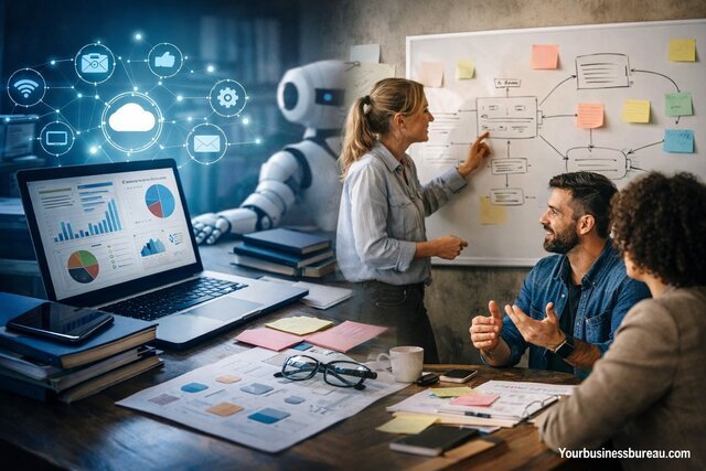 Tech workspace and team collaboration highlighting strategy over tools.