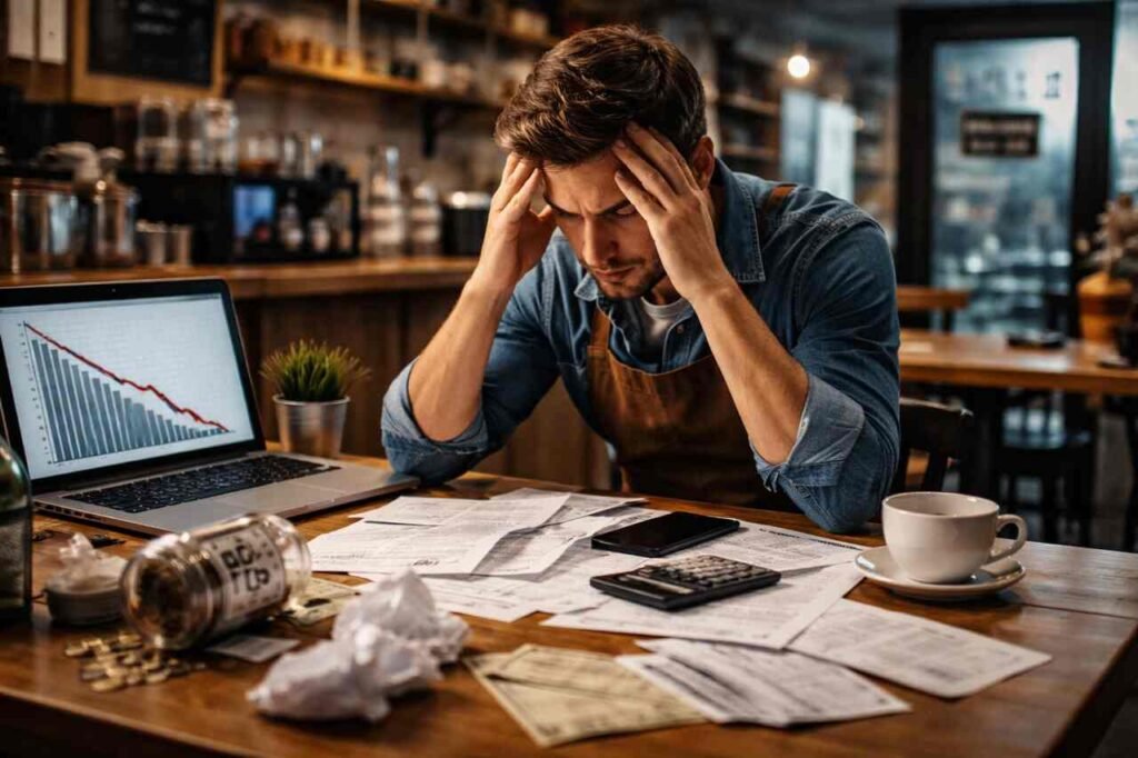 Why Most Small Business Ideas Fail in the United States Within the First Year Stressed small business owner reviewing financial losses in coffee shop