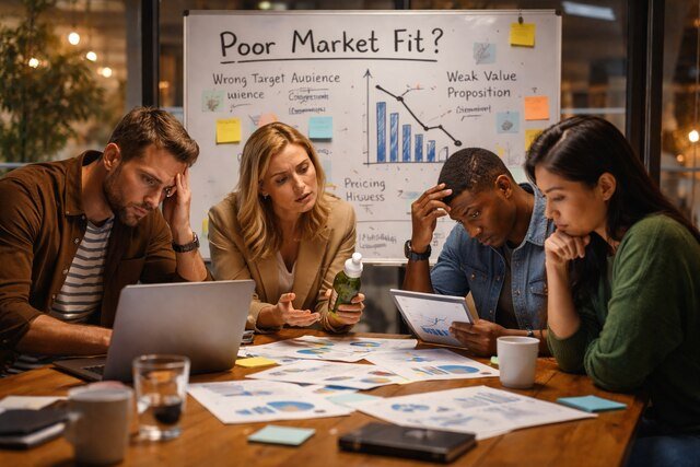 Entrepreneurs analyzing poor market fit data in office.