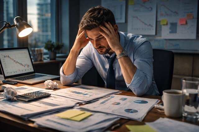 Stressed businessman surrounded by financial documents and charts.