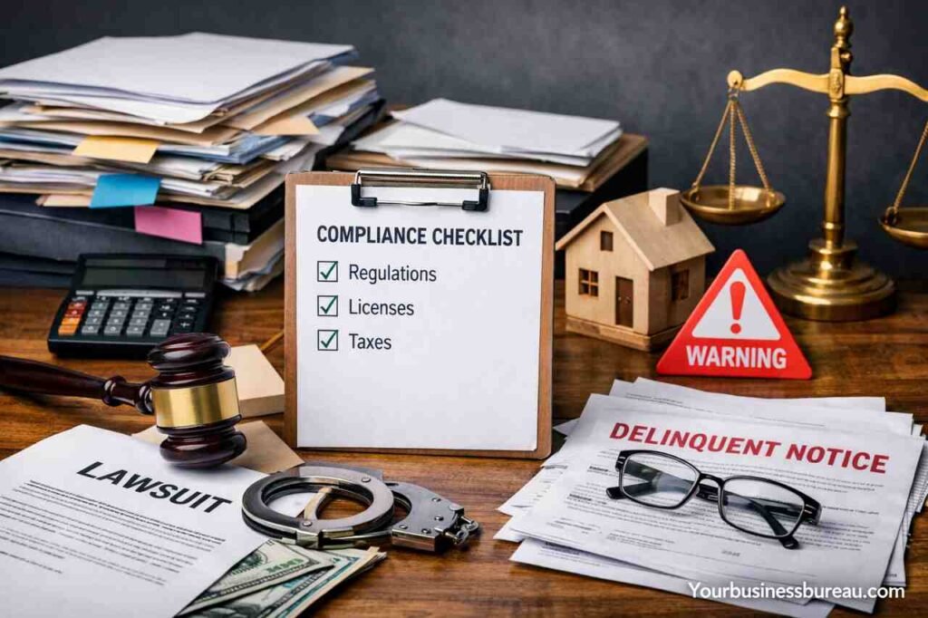 Poor Legal Structuring Problems in US Small Businesses: Risk Exposure, and Compliance Failures Compliance and legal risk symbols on small business desk