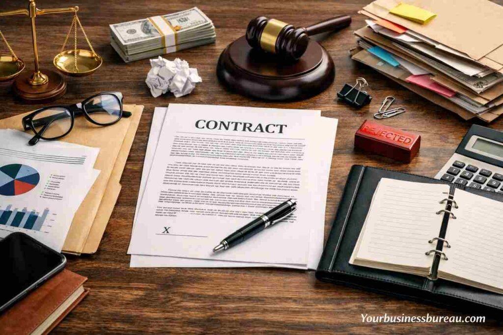 Top Contract and Documentation Mistakes Made by US Founders Business desk with contract, legal tools, and paperwork.