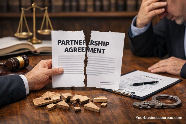 Torn partnership agreement on a legal desk with stressed businessman
