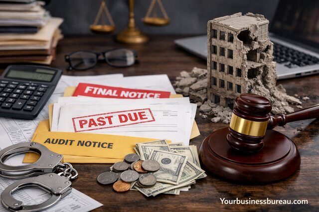 Tax documents, handcuffs, and gavel showing business tax trouble.