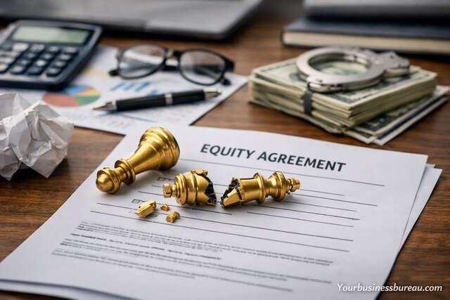 Broken golden chess king on equity agreement with money and calculator nearby.