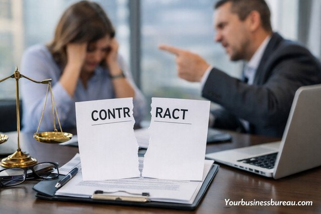 Broken contract with arguing founder and vendor in office setting.