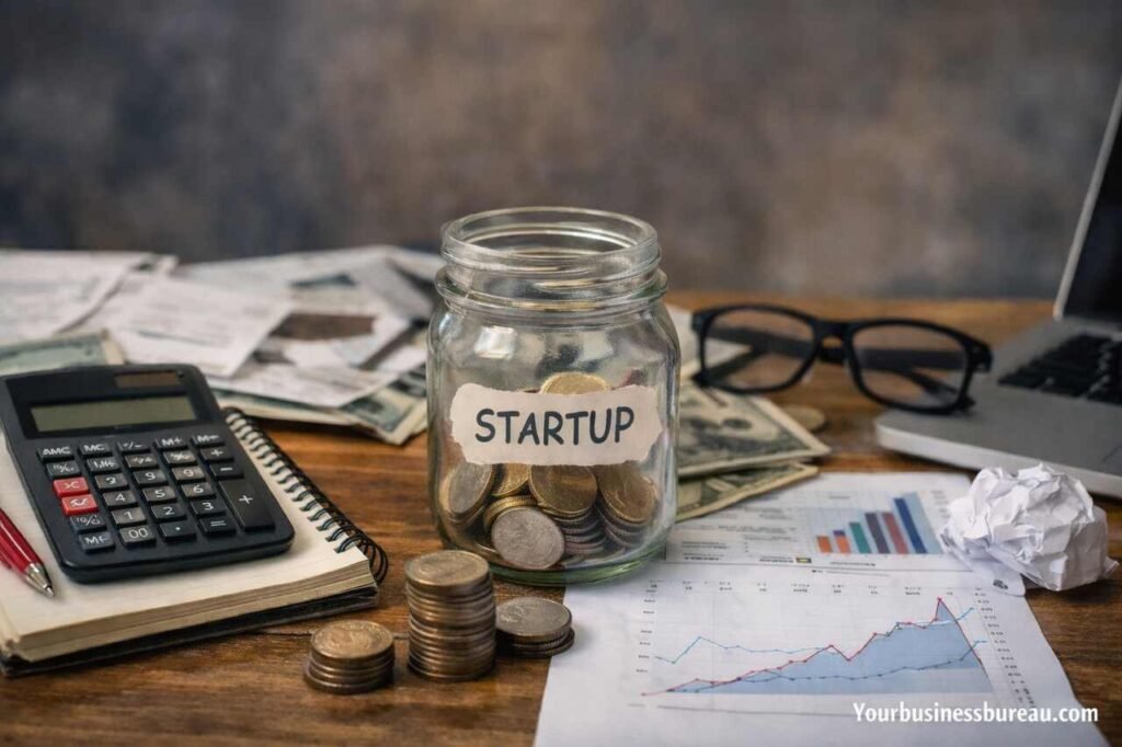 Startup cost planning workspace with calculator, coins, and financial charts