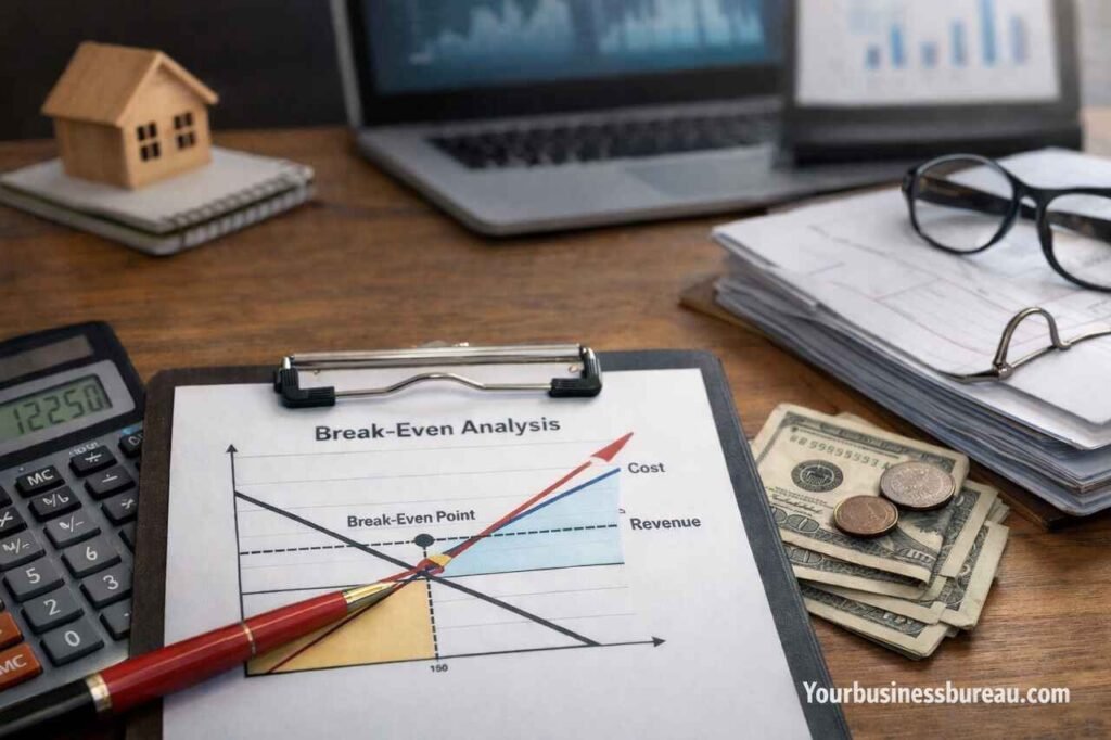 Break-even analysis chart with calculator and US cash on office desk