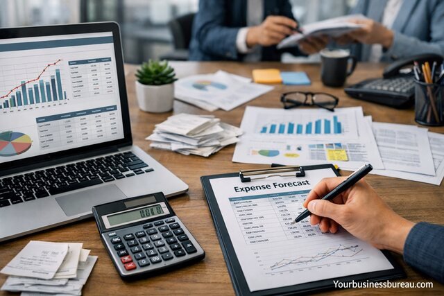 Operating expense forecasting documents with calculator and financial charts on desk