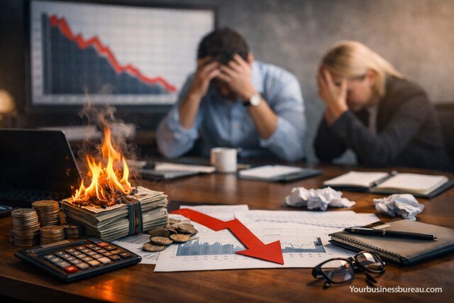 Burning cash and declining financial chart showing startup failure risk