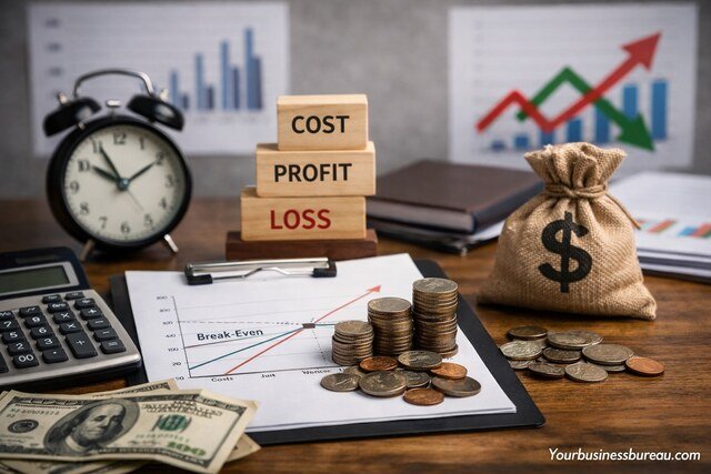 Financial tools and coins illustrating break-even miscalculation impact on cash flow.