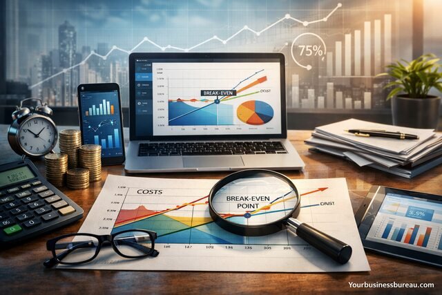 Financial tools analyzing break-even point with charts and calculator