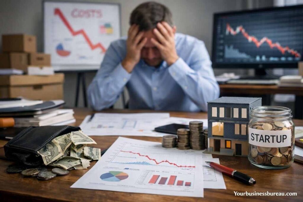 Startup founder stressed over declining financial charts and budget mismanagement.