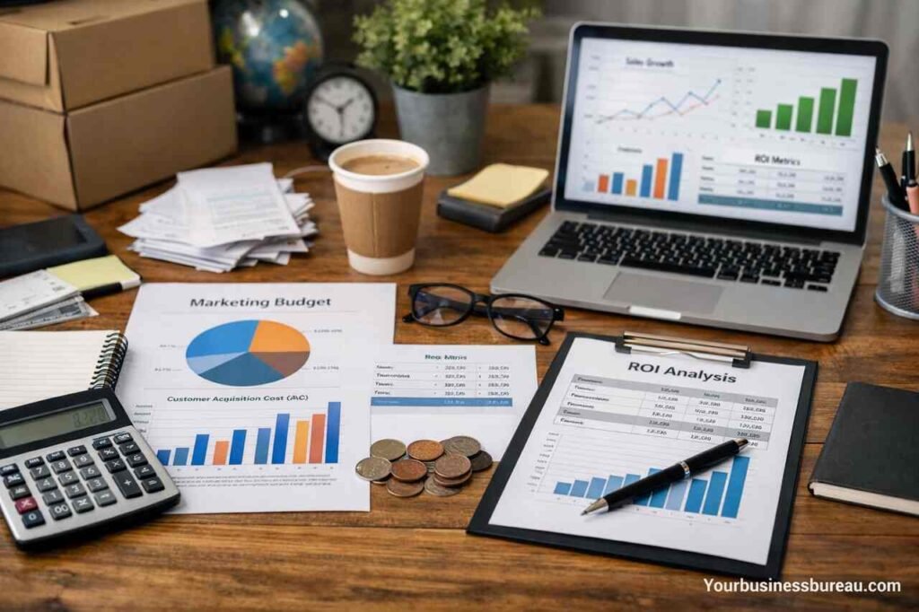 Marketing budget and ROI analysis documents for US business launch