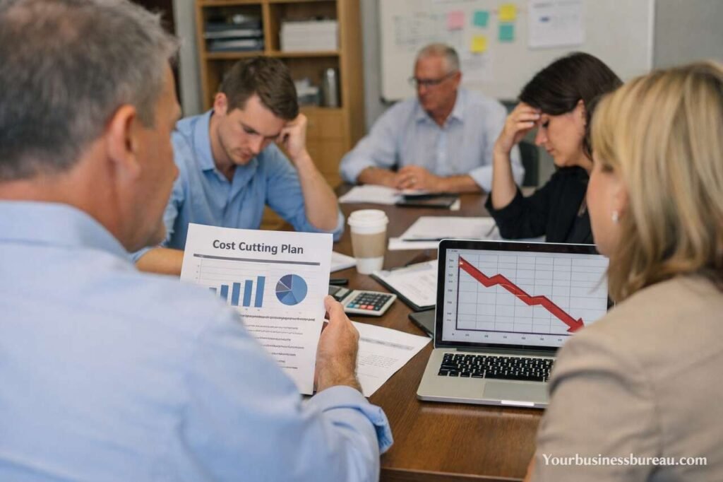 Cost-cutting impact on long-term US business growth with declining graph