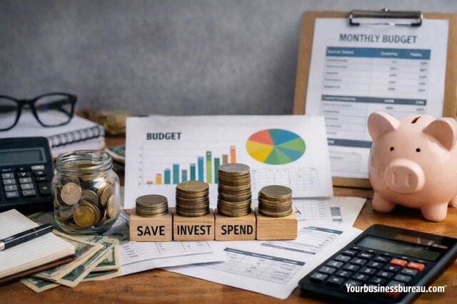 Financial literacy concept with budget charts, coin stacks, calculator, and piggy bank.