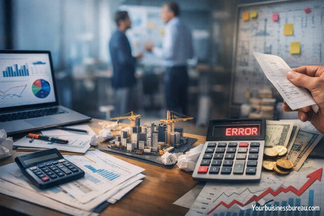 Technology project budget overrun concept with financial charts and calculator