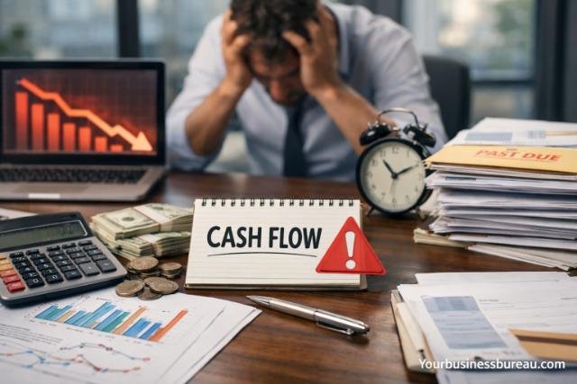 Stressed businessman reviewing financial reports due to poor forecasting and cash flow pressure