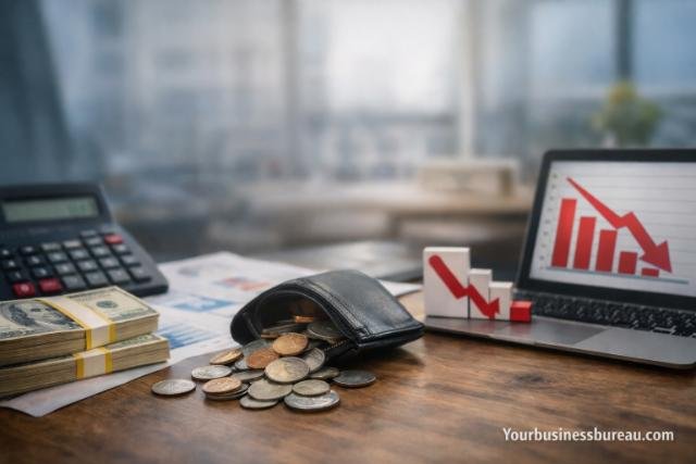 Declining revenue chart beside cash and calculator on desk