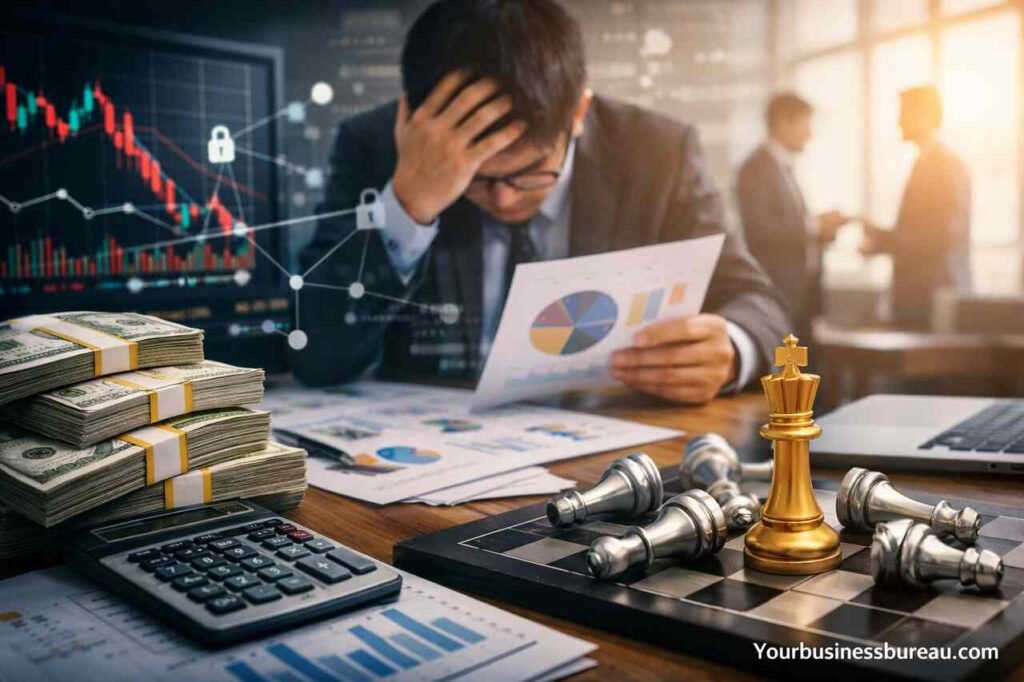 Executive analyzing financial losses with charts, cash stacks, and chessboard strategy concept.