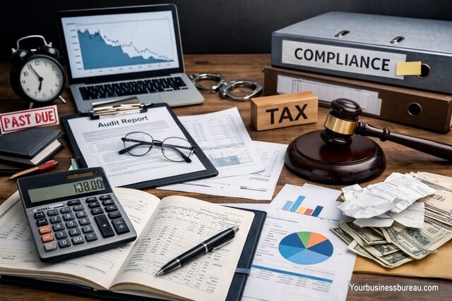 Poor financial tracking risks for compliance and taxation shown through audit and tax documents on desk.