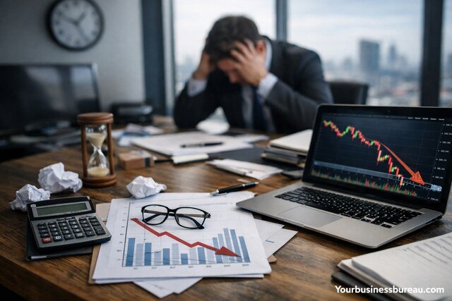 Executive stressed over declining financial forecasts and red market graphs.