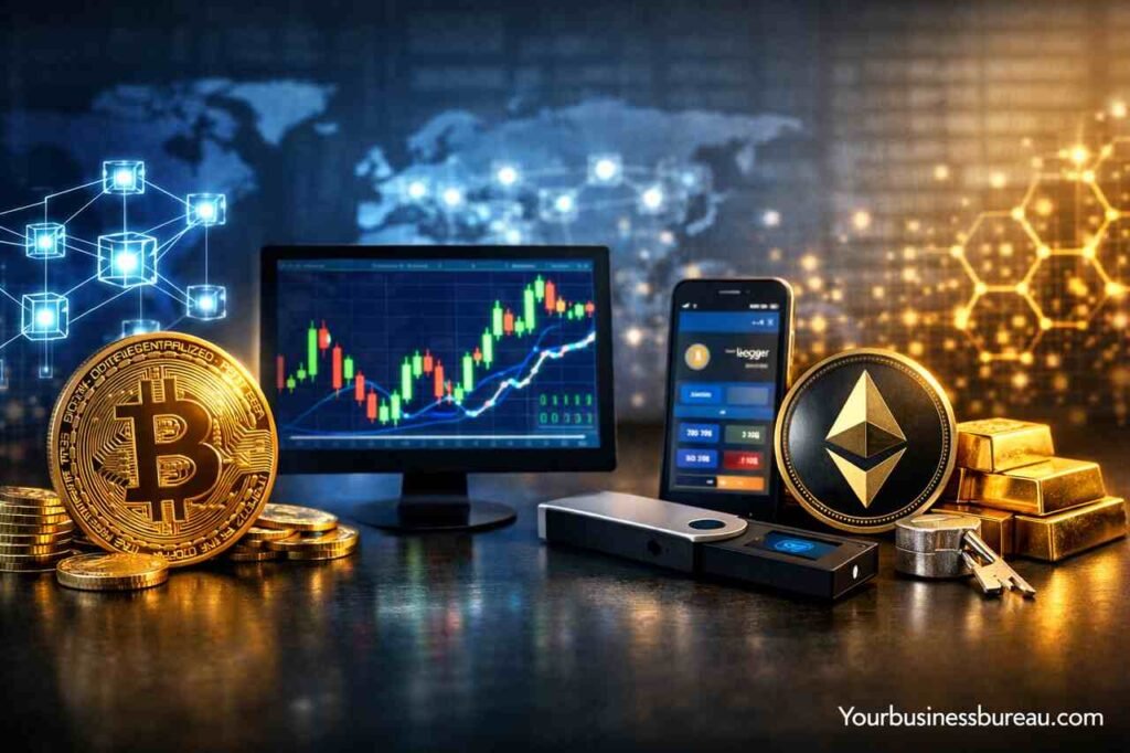 Cryptocurrency Explained for Beginners in Business Context: Bitcoin, Blockchain, and Digital Assets Cryptocurrency coins with blockchain network and business trading charts