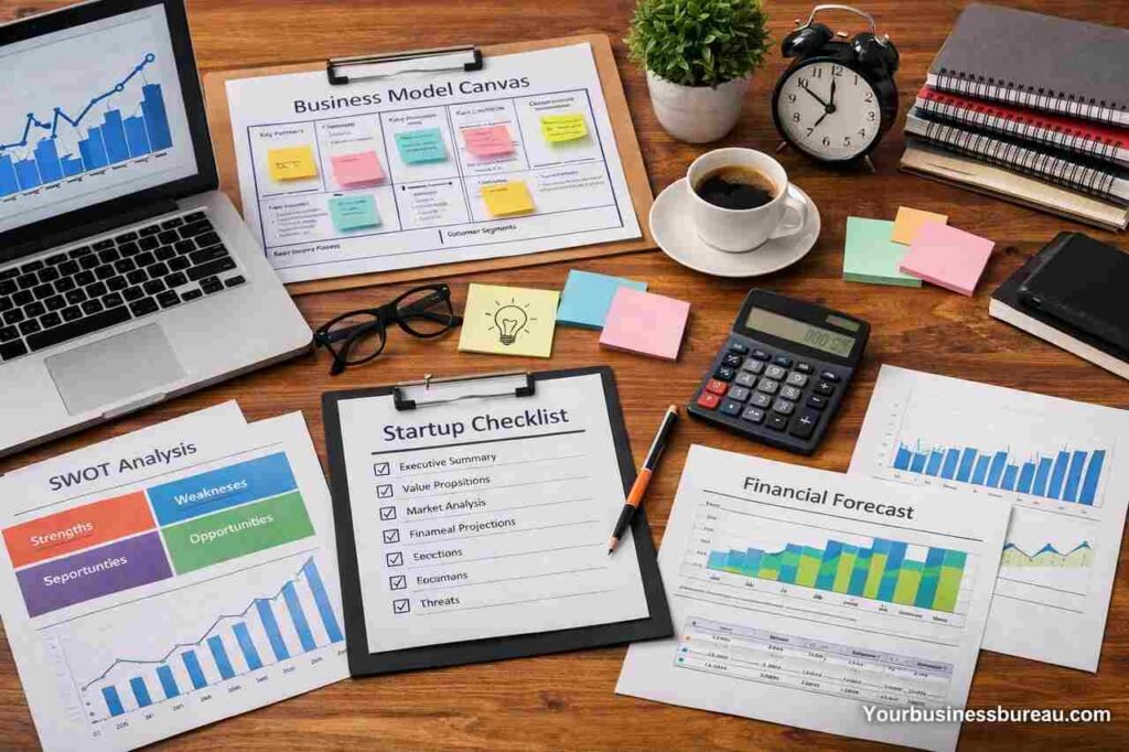 Startup business planning templates with financial charts and checklist on desk