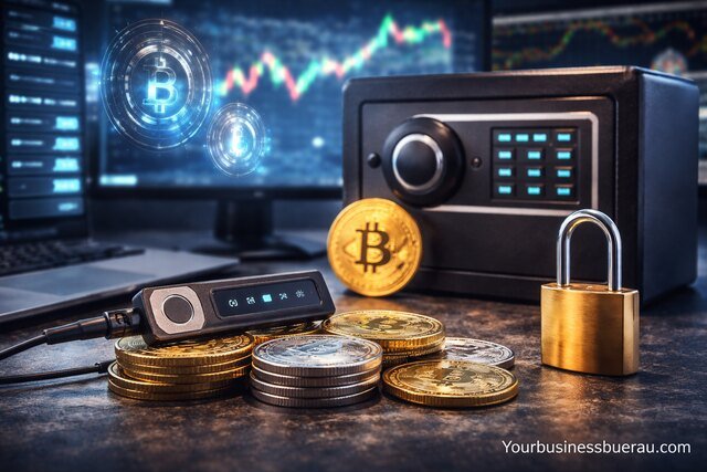 Corporate cryptocurrency storage with hardware wallet and digital safe
