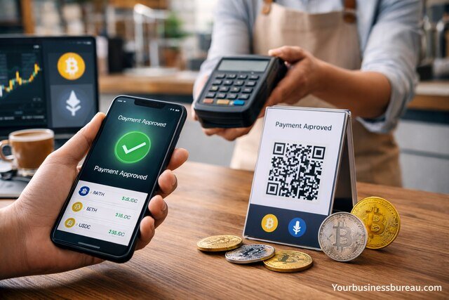 Business accepting cryptocurrency payment using smartphone and QR code terminal