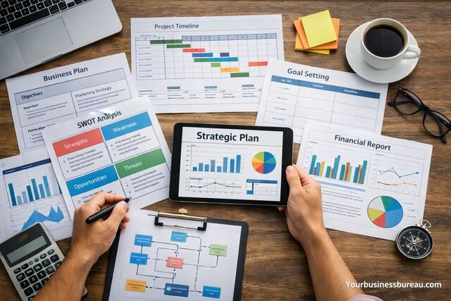Business templates and strategic planning documents on office desk