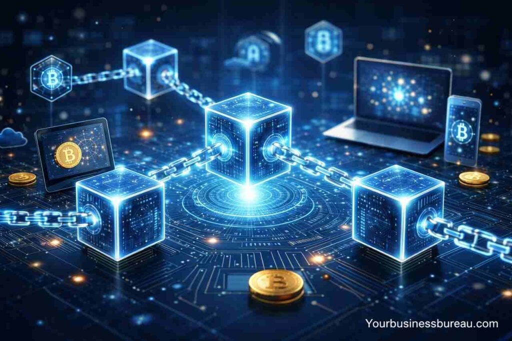 Blockchain technology visualized with connected digital blocks