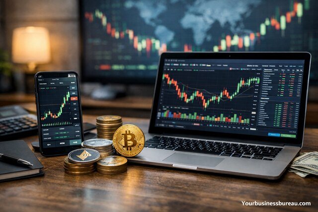 Crypto trading for beginners setup with laptop and Bitcoin chart