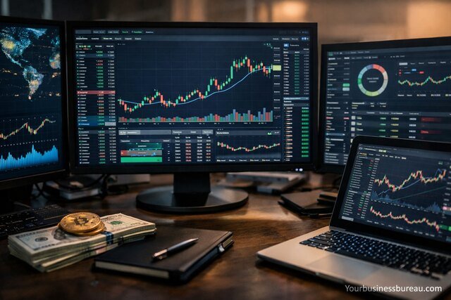 Crypto trading market analysis charts on multiple screens