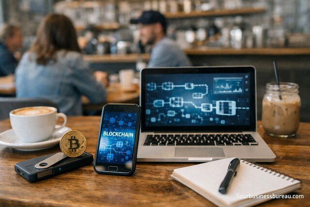 Blockchain technology network with digital blocks and cryptocurrency