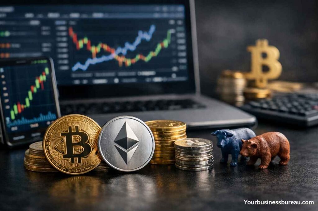 Crypto Trading Explained Step-by-Step for Beginners: Bitcoin, Ethereum, and Cryptocurrency Bitcoin and Ethereum coins with crypto trading charts on laptop screen