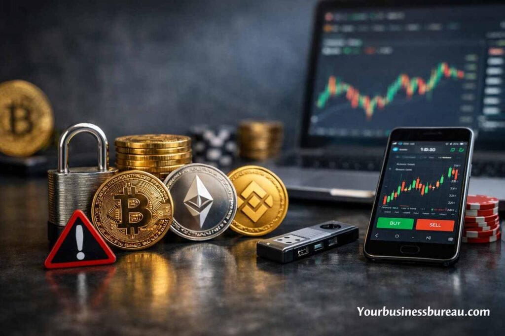 Crypto exchange security and trading risks with Bitcoin and Ethereum coins