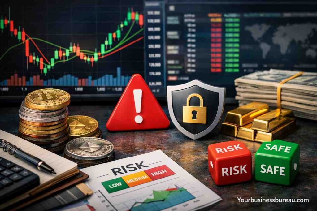 Risk Management in Crypto Trading Explained With Practical Capital Protection Rules Crypto trading risk management concept with charts, coins, and security shield.