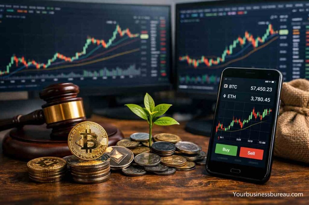 Ethical Trading Principles Every Crypto Trader Should Follow for Sustainability Ethical crypto trading concept with coins, charts, and sustainability plant
