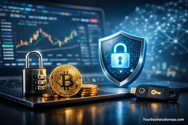 Crypto exchange security concept with Bitcoin, lock, and digital shield