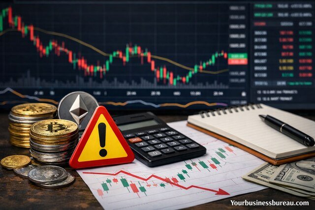 Risk management concept in crypto trading with Bitcoin, Ethereum, and warning sign.