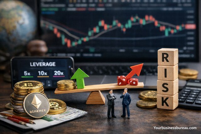Leverage and risk management in crypto trading concept with charts and coins